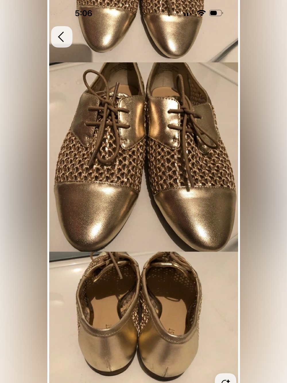 Metallic Gold Lace-Up Woven Oxford Flats